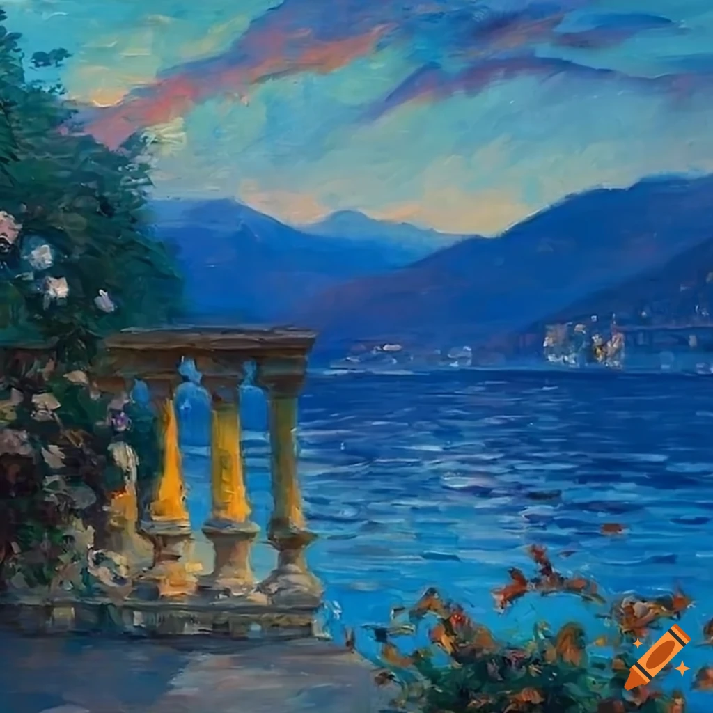 impressionist painting of a beautiful patio overlooking Lake Como