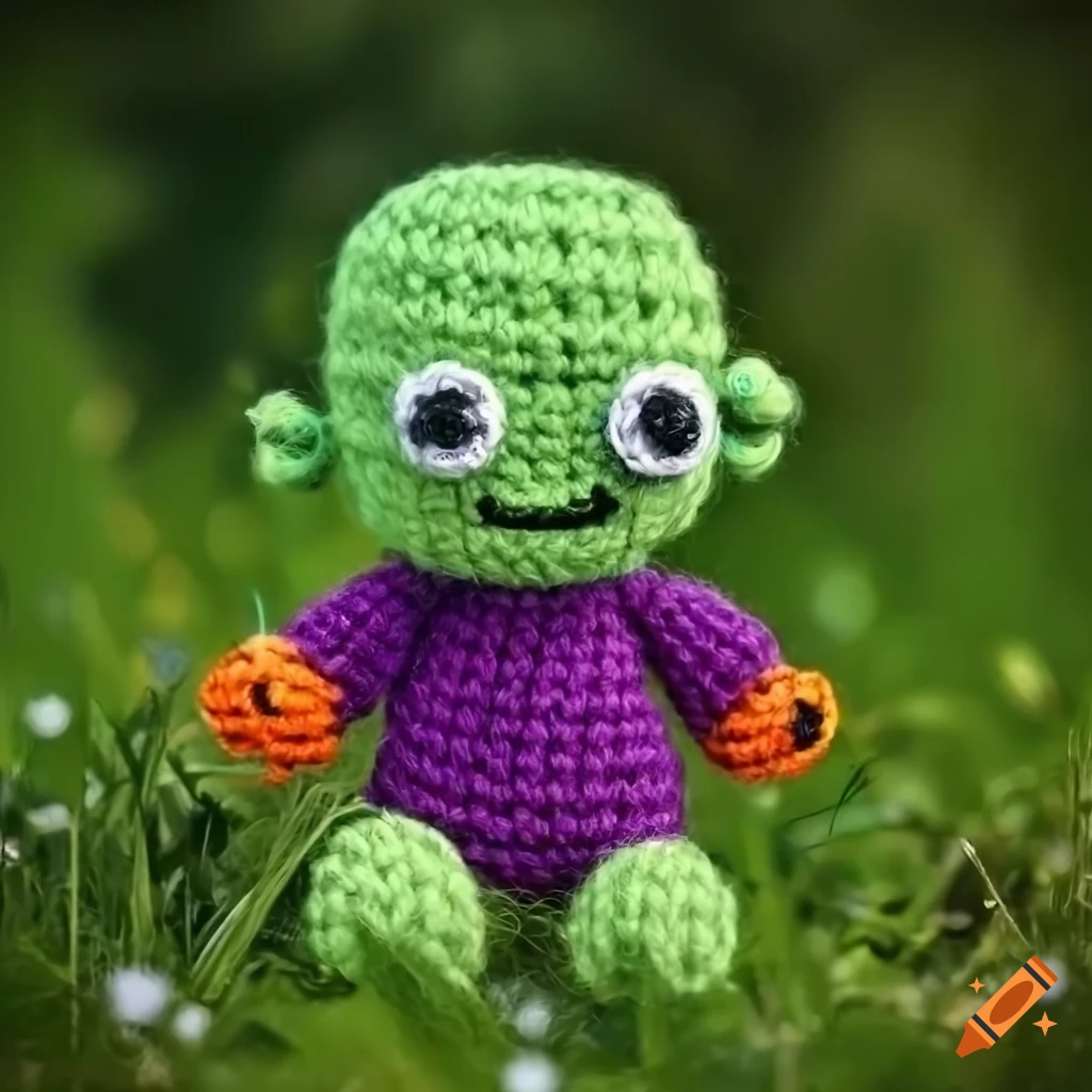 cute knitted Frankenstein creature in a meadow