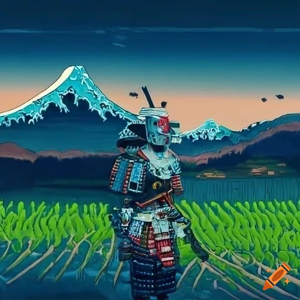 painting of a robotic samurai in a Japanese landscape
