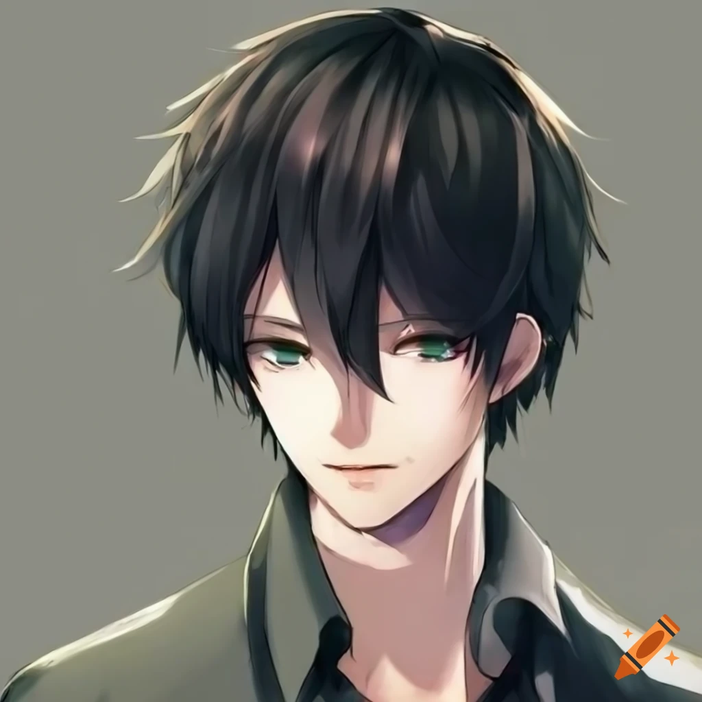 anime boy with green eyes and black hair