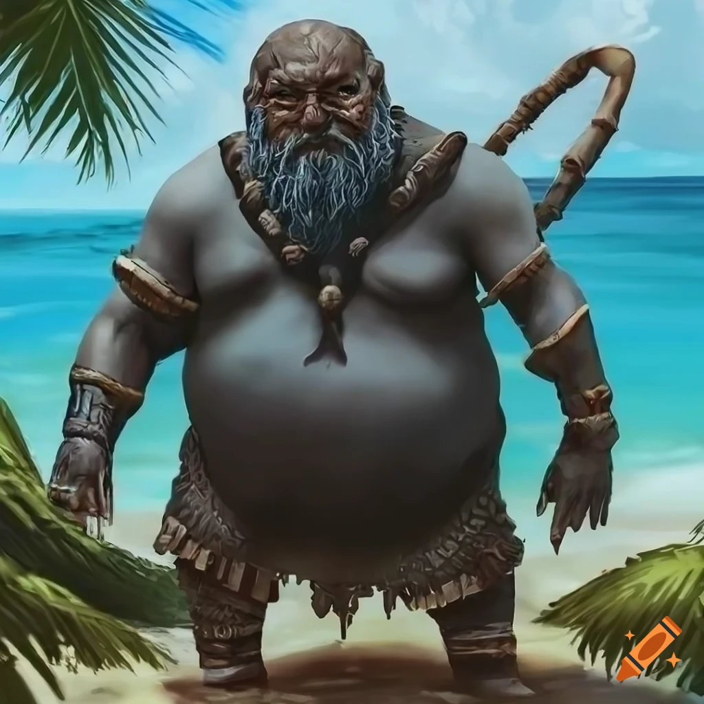 Elderly dwarf in traditional pacific island clothing at the beach on