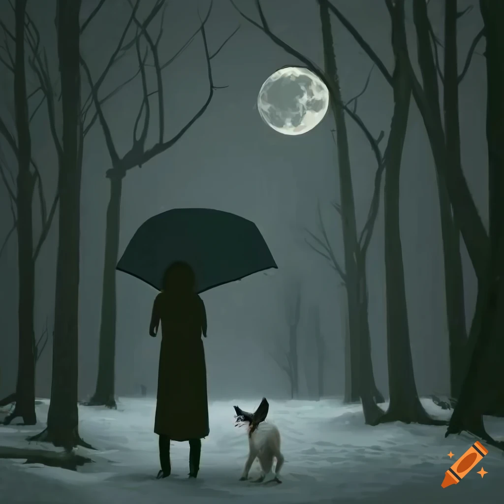 mysterious woman walking in a snowy forest with a white dog