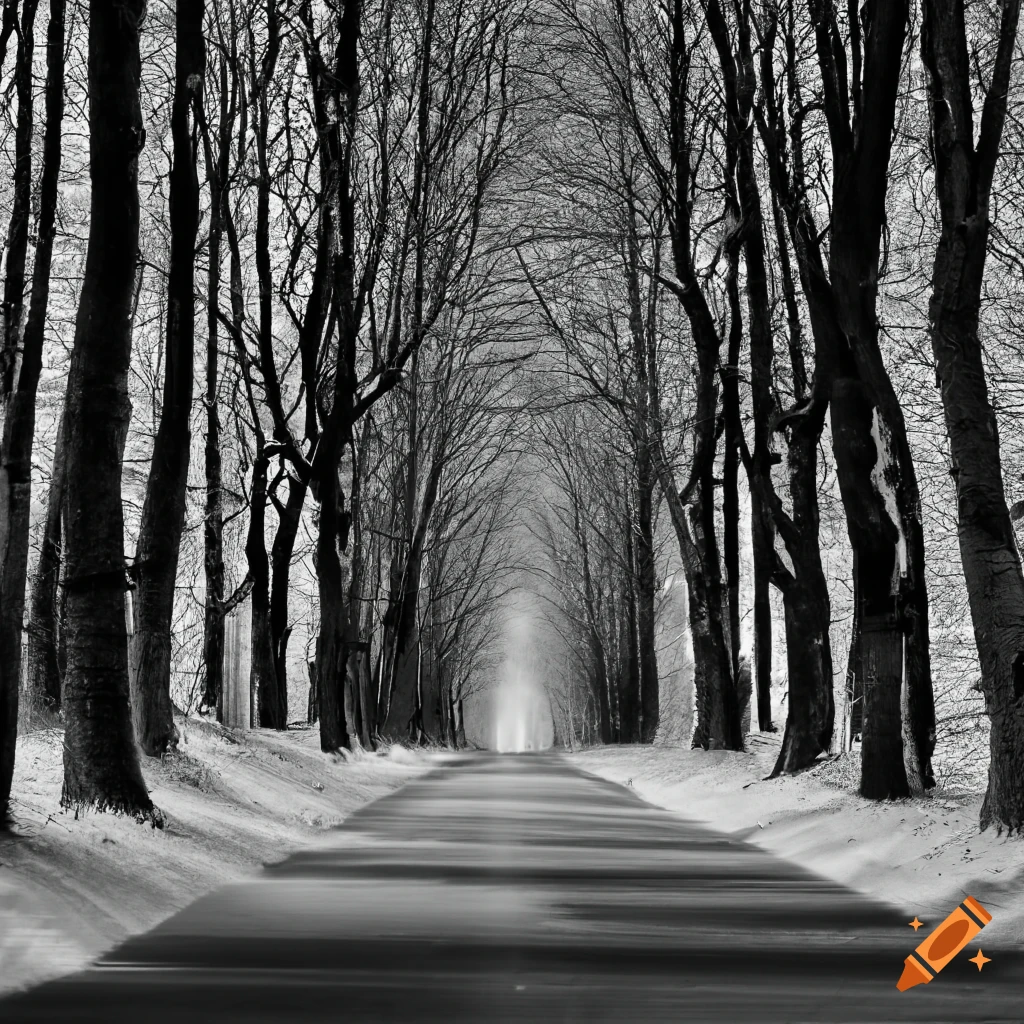 black and white photo of symmetrical tree-lined road in winter