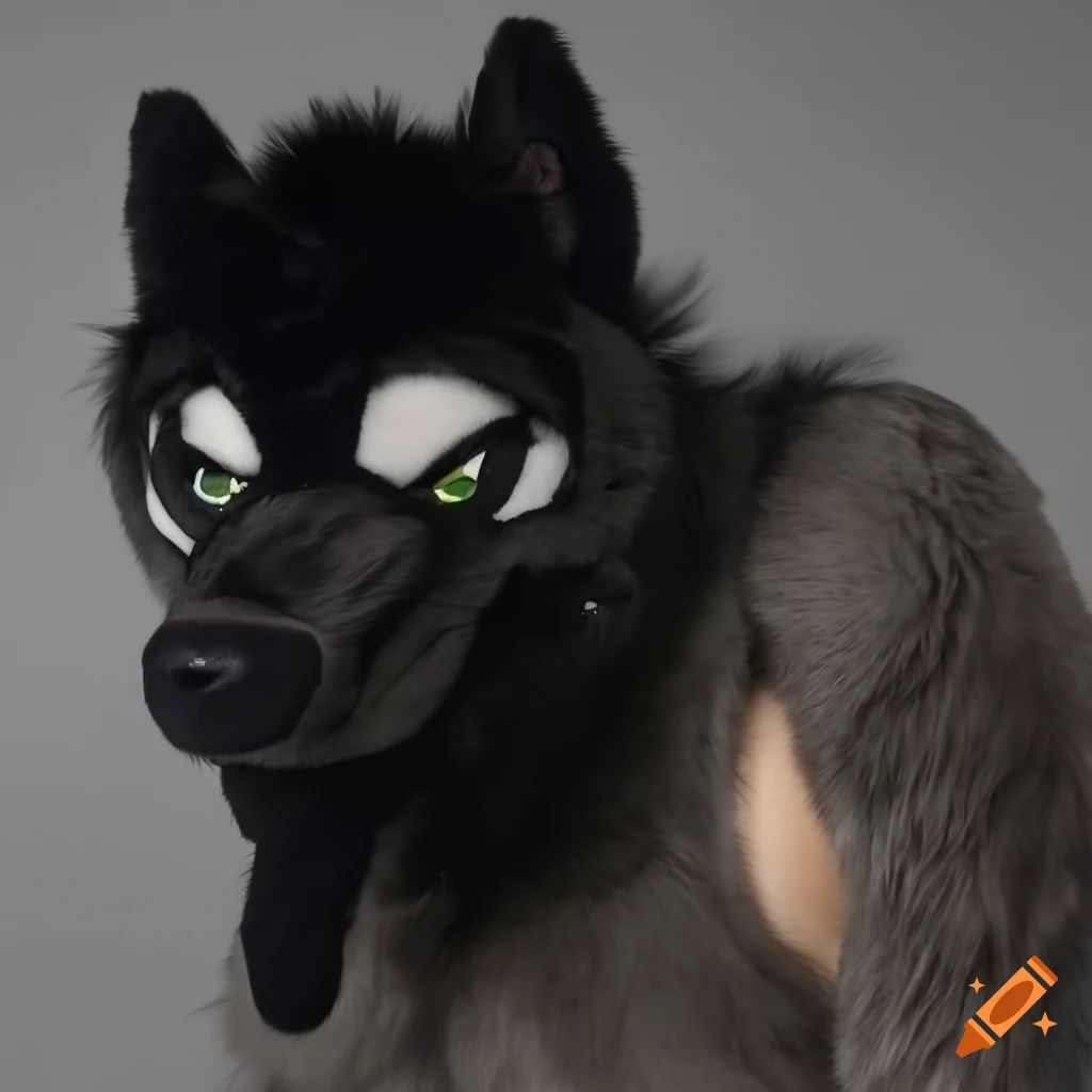 anthro fursuit of a black wolf with grey underbelly and muzzle