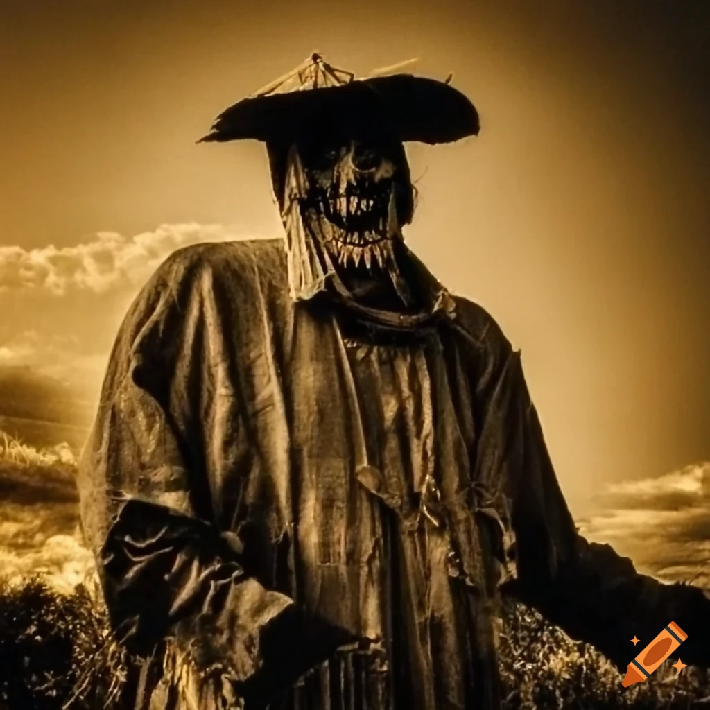 close-up of a sinister scarecrow in sepia tone