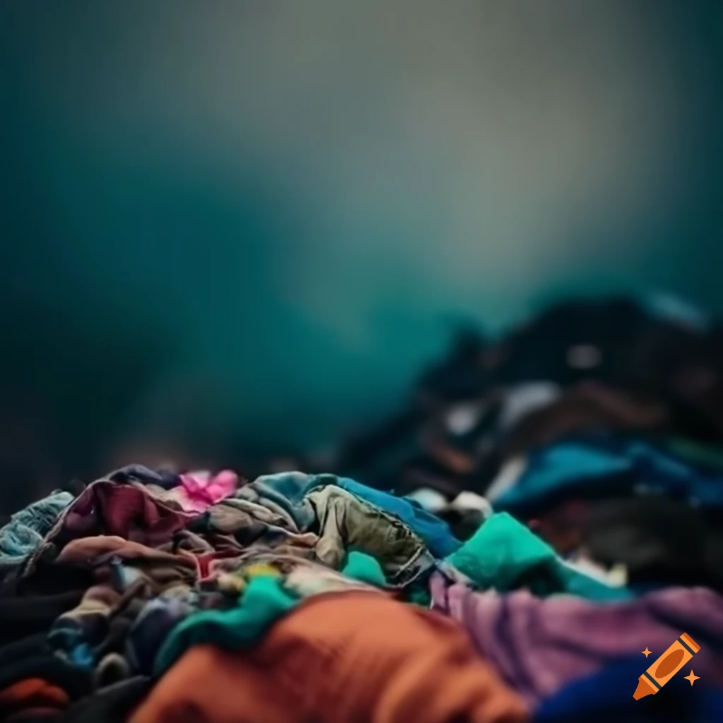 photorealistic image of a colorful landfill with discarded clothes