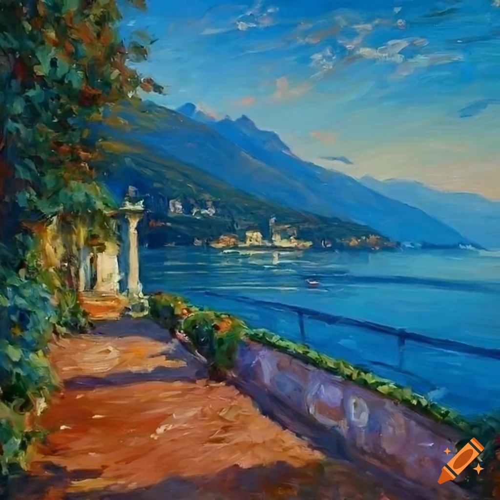 impressionist painting of a cozy patio overlooking Lake Como