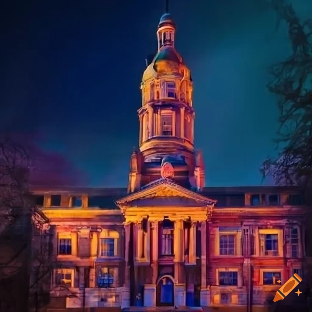 Painting of a college building at night on Craiyon