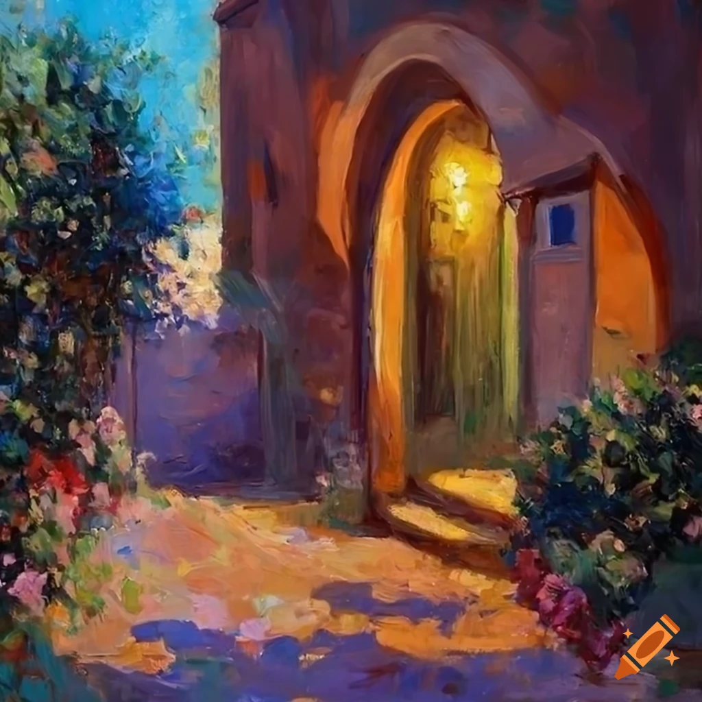 impressionist painting of a charming Italian house with a beautiful courtyard