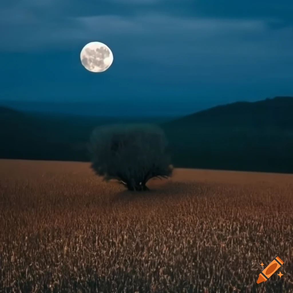 surreal diorama of olive trees under a dark blue sky