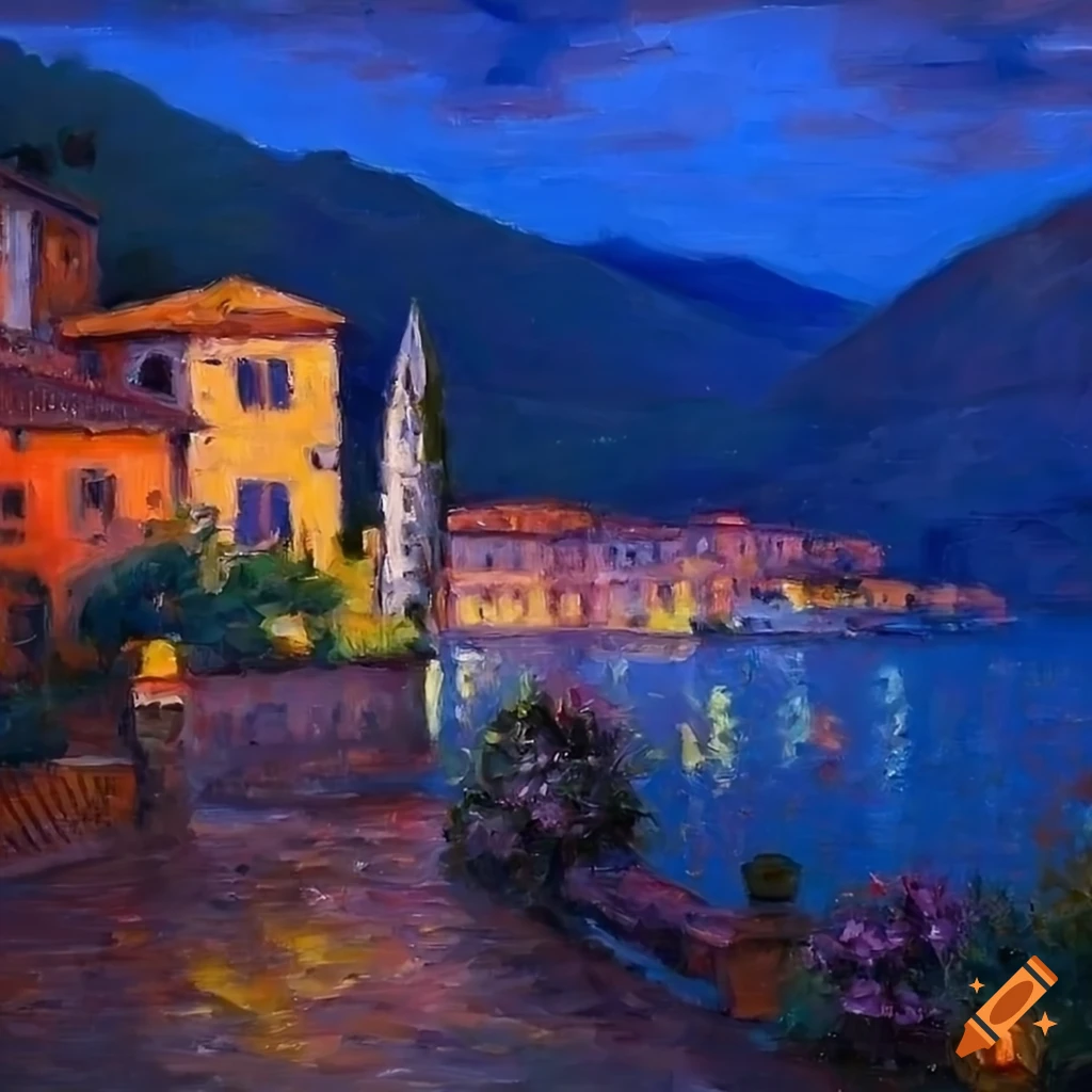 impressionist painting of a peaceful patio overlooking Lake Como