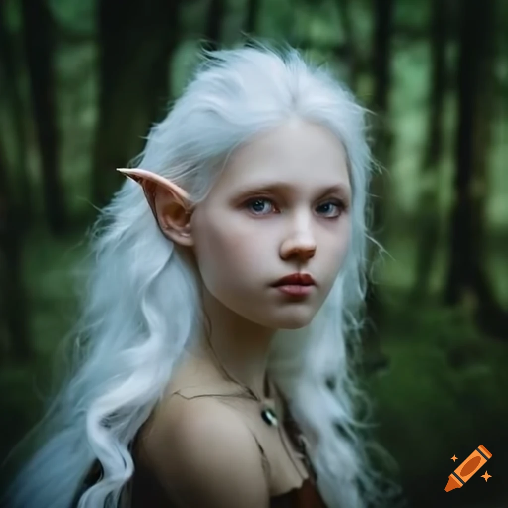 Beautiful white-haired elf in the woods on Craiyon