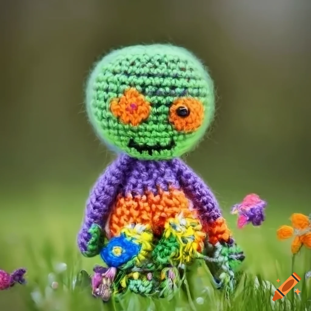 cute knitted Frankenstein creature in a meadow