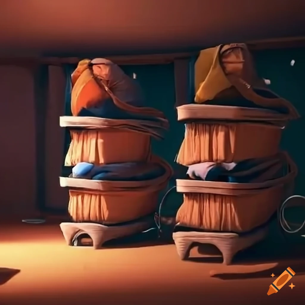 stacked laundry baskets with people inside