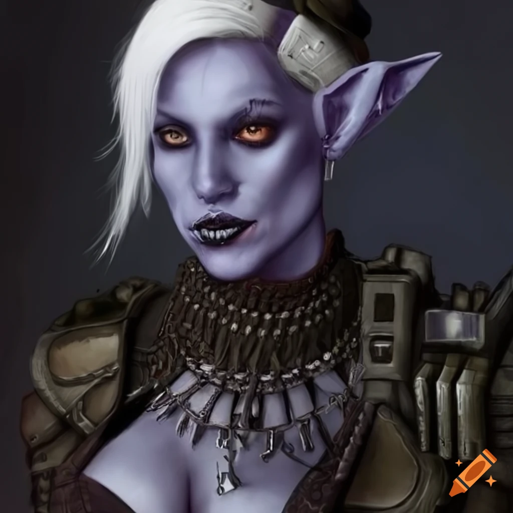 character design of a female drow in a dieselpunk style