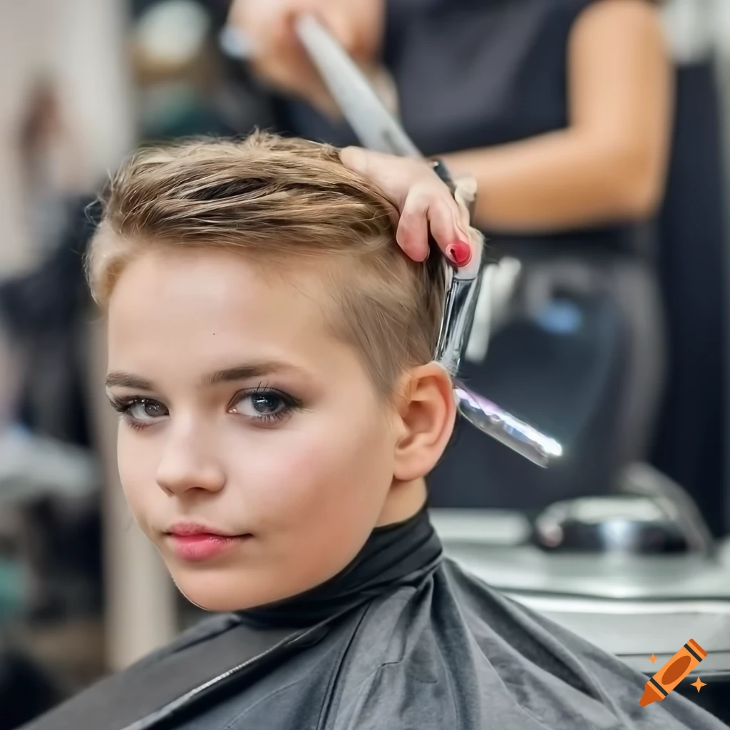 photo of a girl getting a short clipper haircut in a salon
