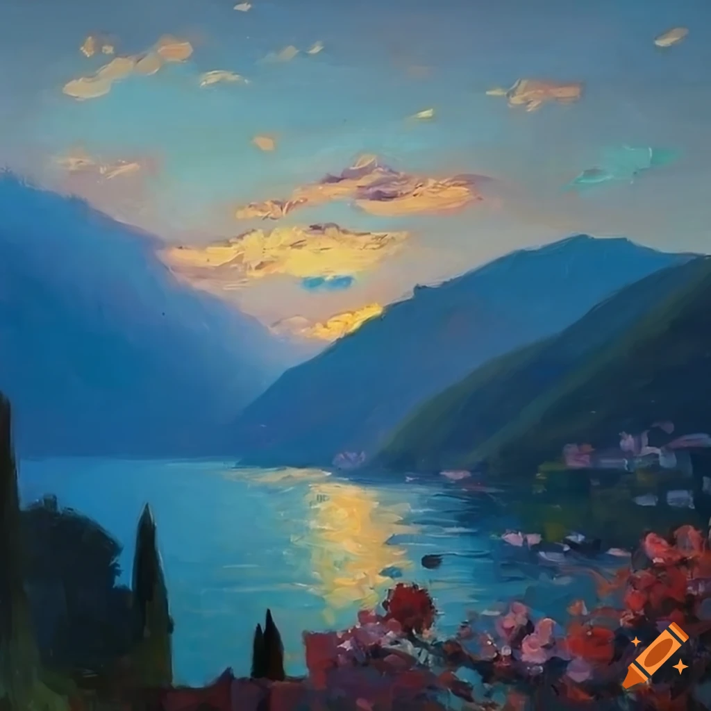 impressionist painting of a charming patio overlooking Lake Como