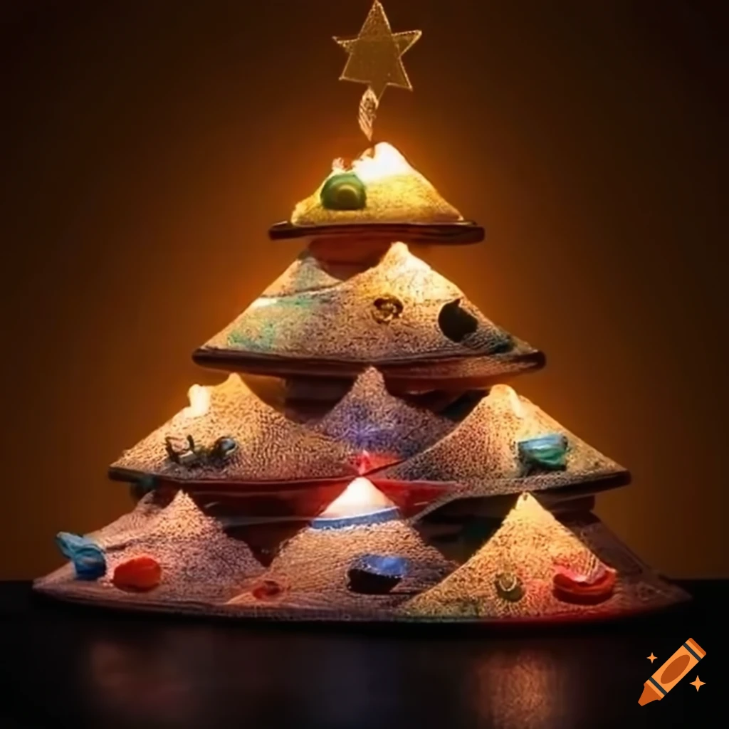 Boat pyramid wrapped in christmas lights on Craiyon