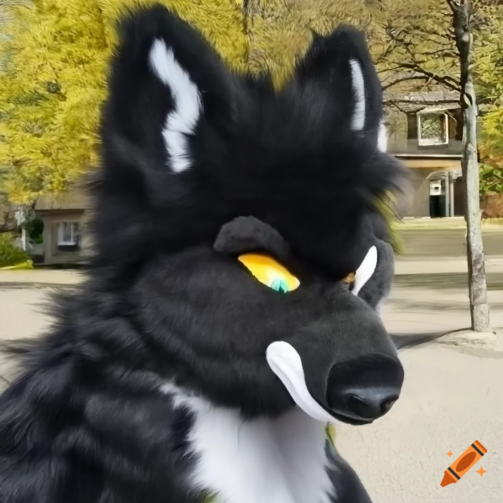 anthro fursuit of a black wolf with grey underbelly and muzzle