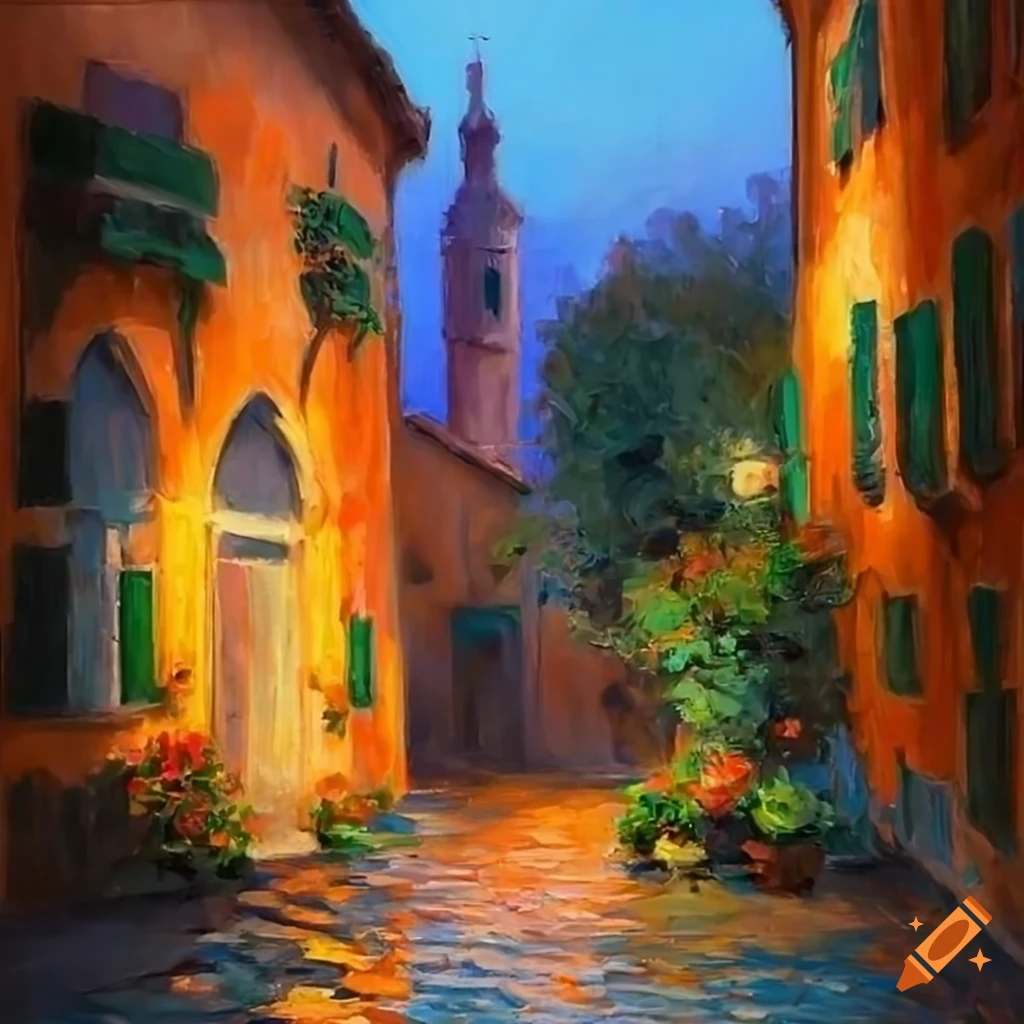 impressionist painting of a charming Italian house with a beautiful courtyard