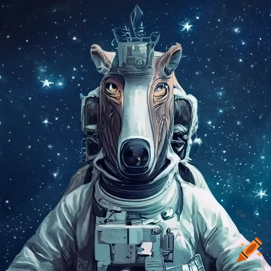 Surreal artwork of an astronaut with a horse mask in space
