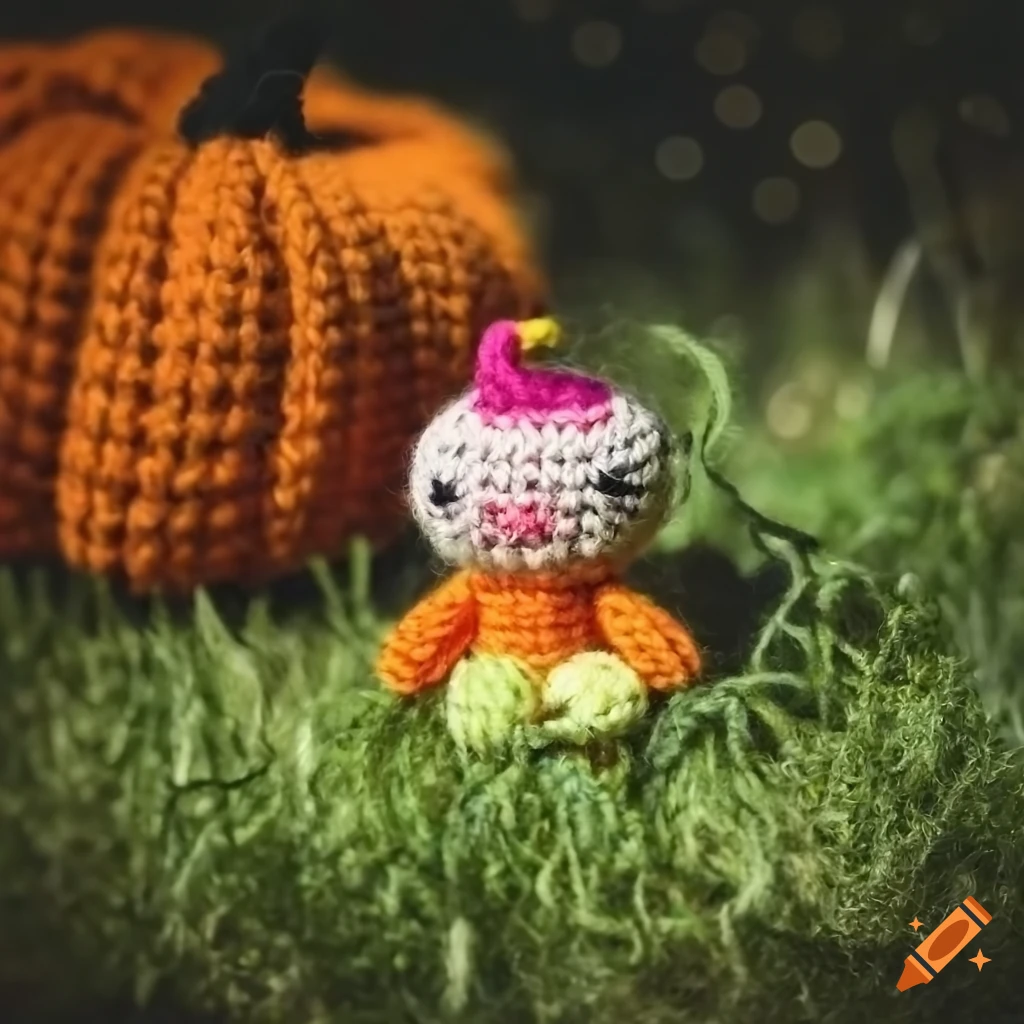 cute amigurumi Halloween Imp in a meadow