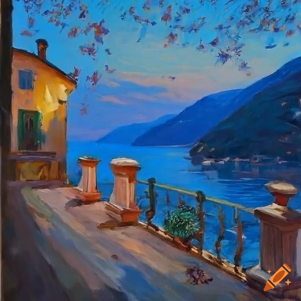 impressionist painting of a cozy patio overlooking Lake Como