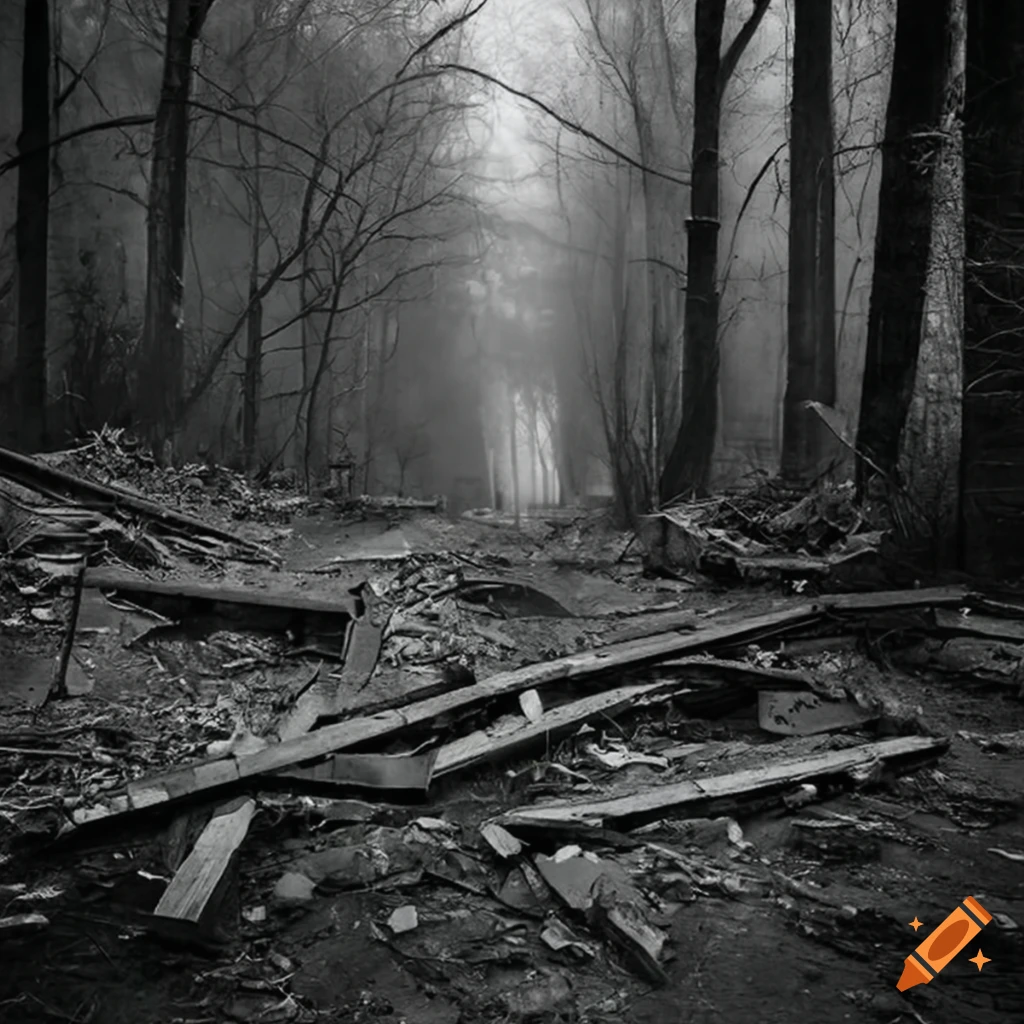 detailed image of an abandoned city in a forest