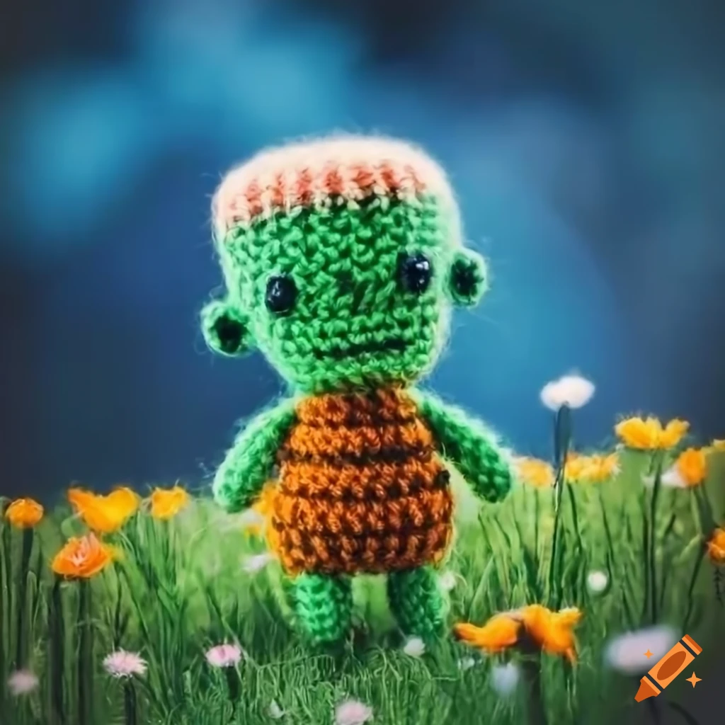 cute knitted Frankenstein creature in a meadow