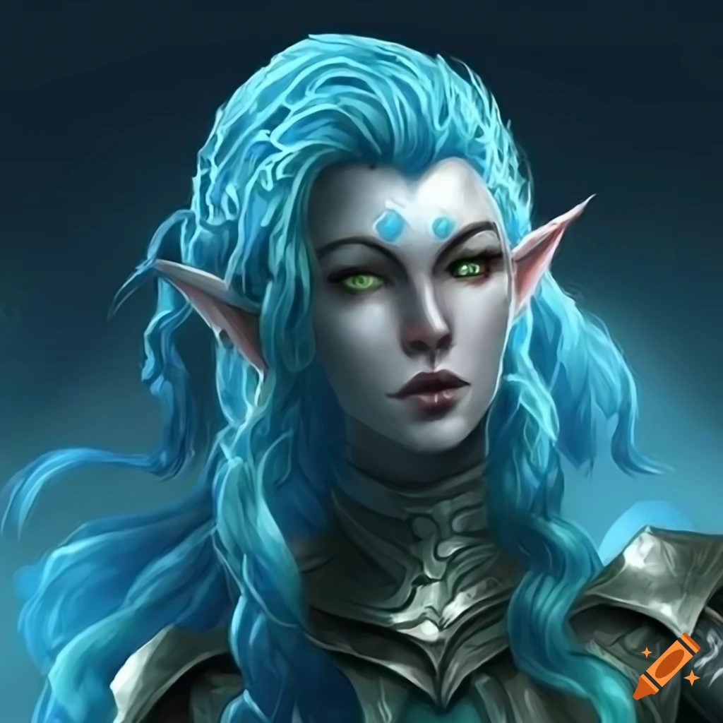 Image of a blue-skinned aquatic elf woman in armor