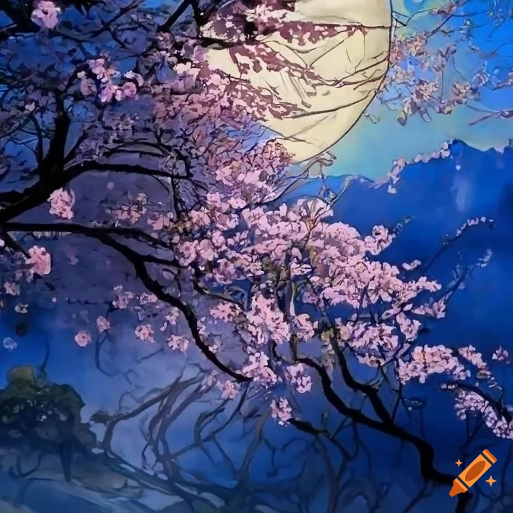 detailed drawing of cherry blossom in blue hour lighting