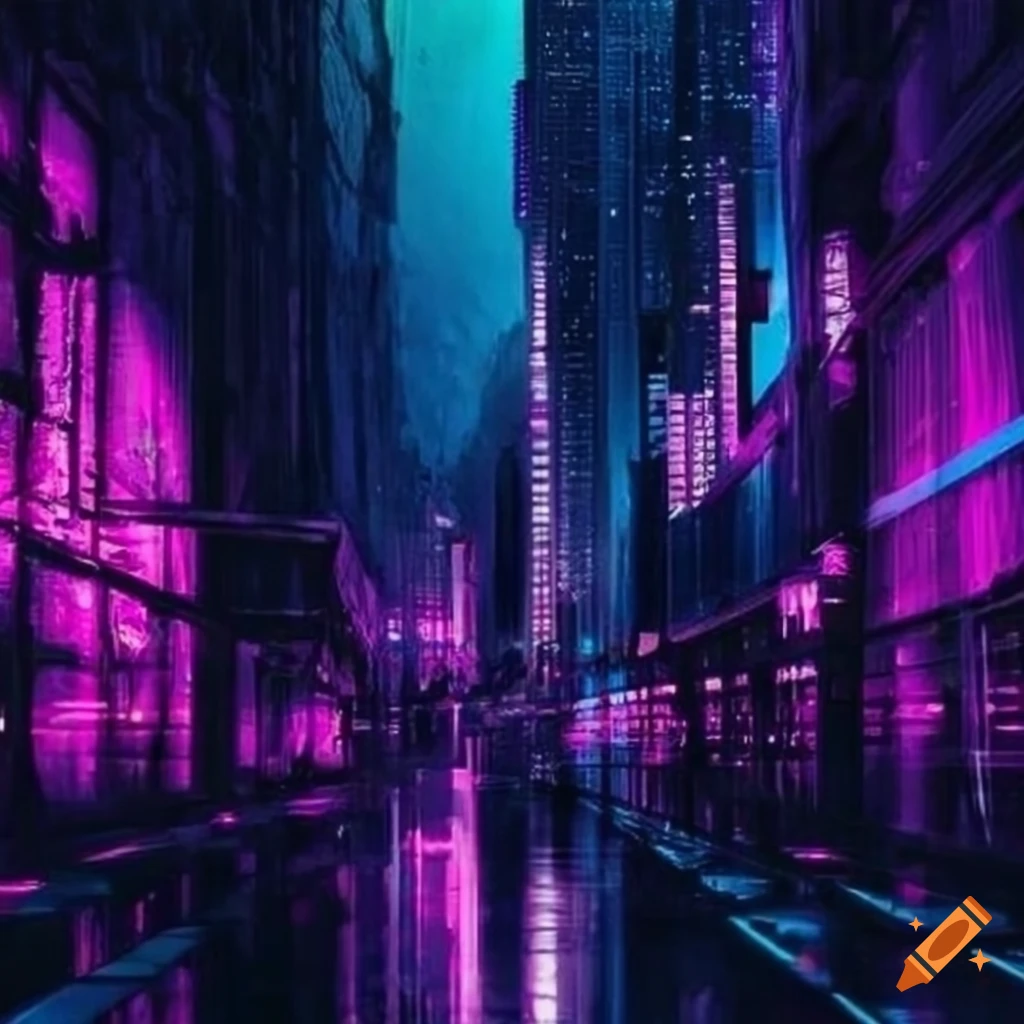 Neon cityscape wallpaper with purple and blue hues, wallpaper