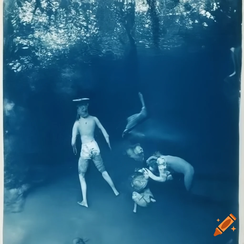 Cyanotype of cult members swimming in a river