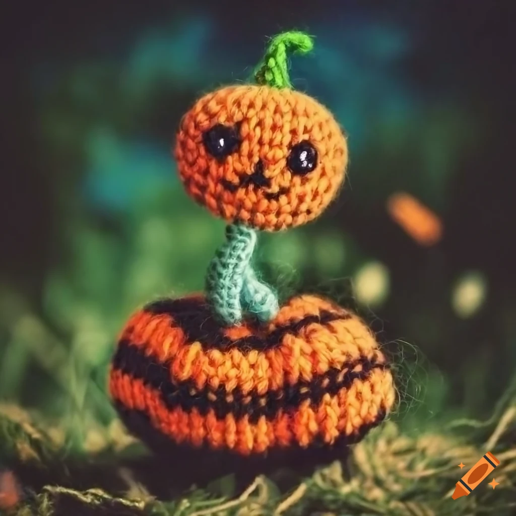 cute amigurumi Halloween Imp in a meadow