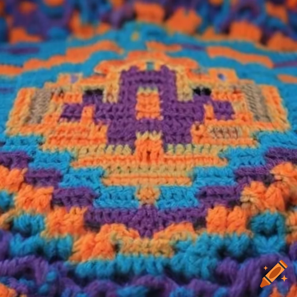 colorful crochet blanket with space invaders design
