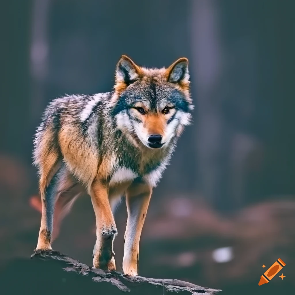 wolf standing on oxidized copper steps in a forest