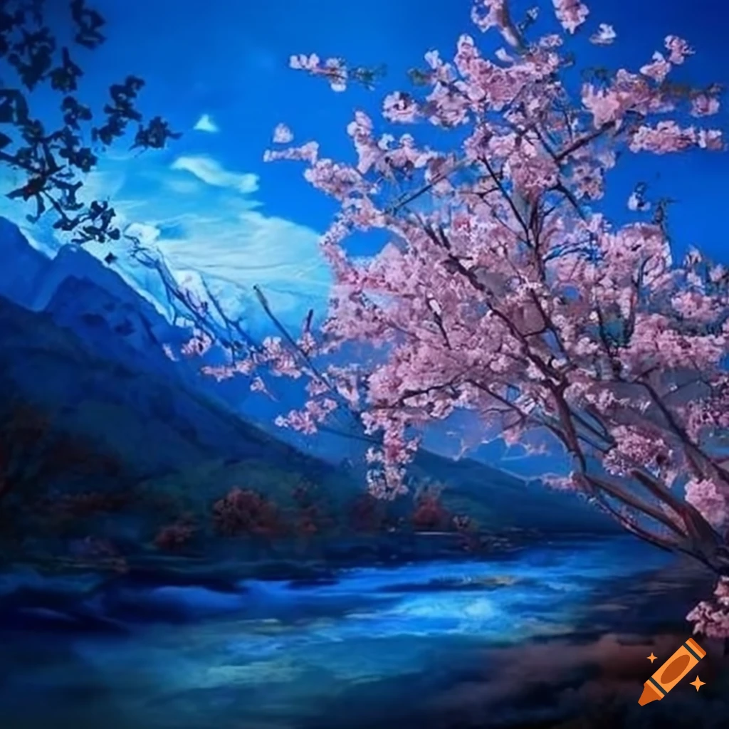 detailed drawing of cherry blossom in blue hour lighting