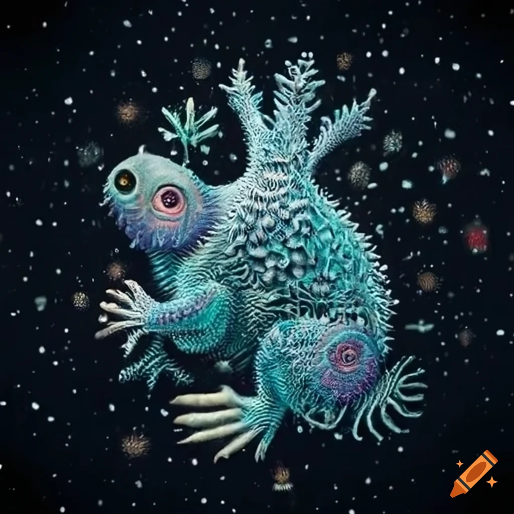 artistic depiction of cute creatures in snowy village