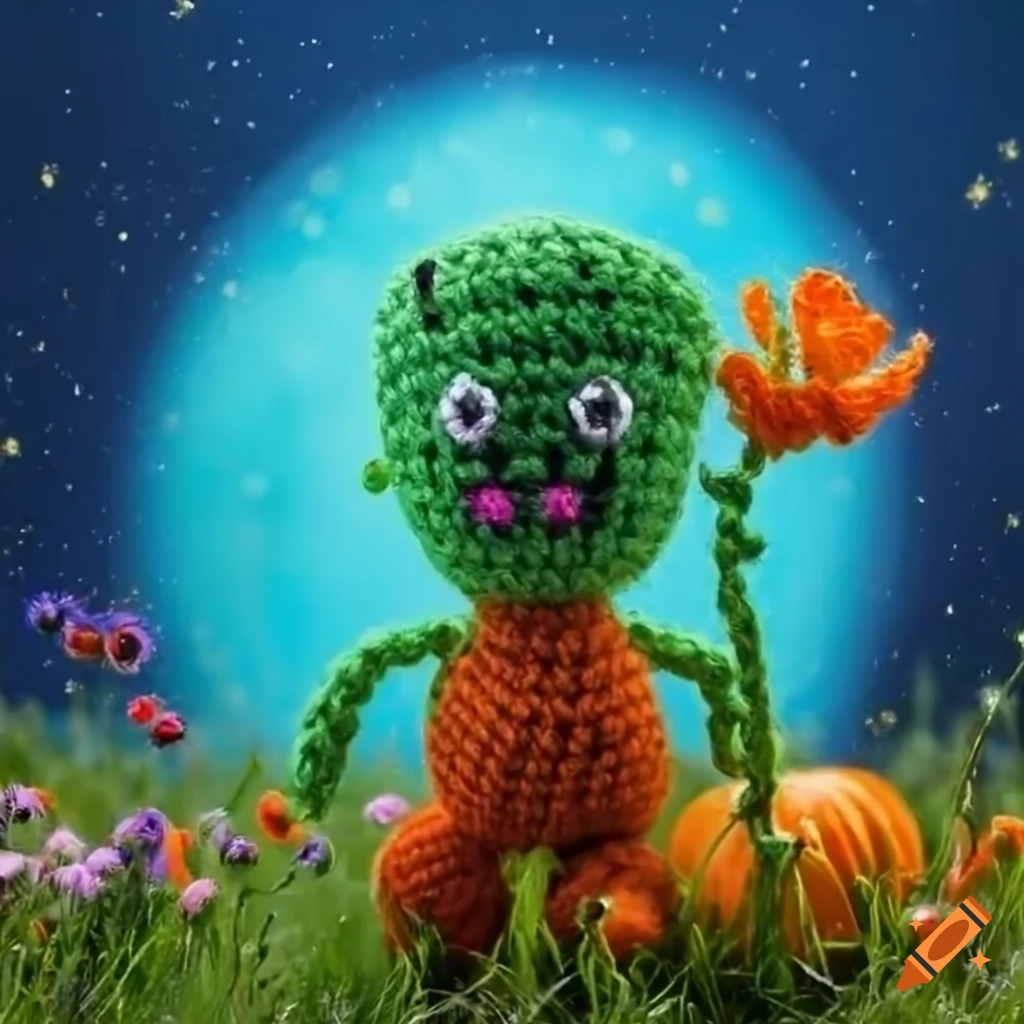 cute knitted Frankenstein creature in a meadow