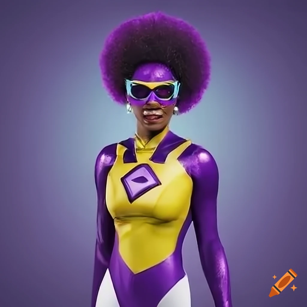 Black woman in purple superhero costume with afro hair on Craiyon