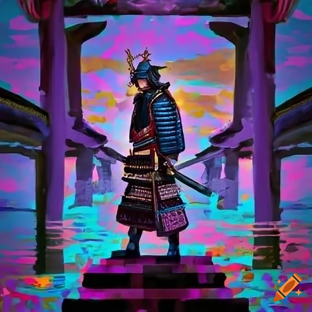 Artwork of a samurai standing beside a temple on Craiyon