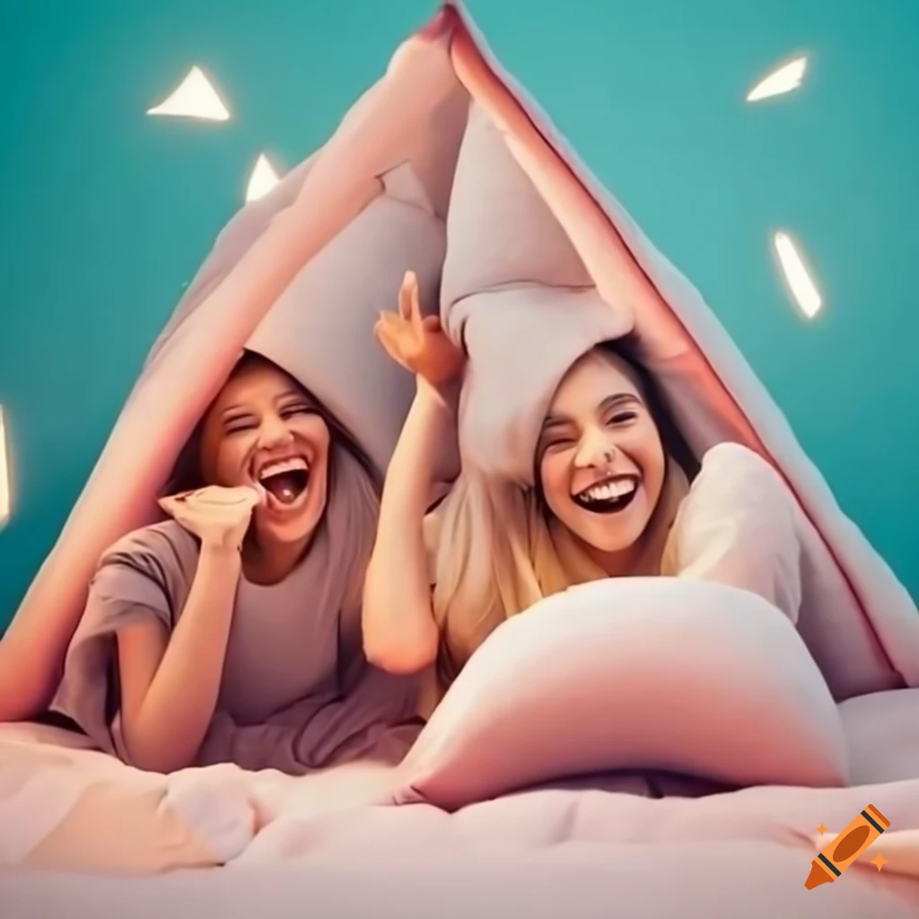two friends having fun in a pillow fort