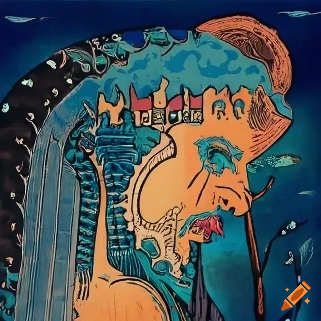 Woodblock print of ancient god over water