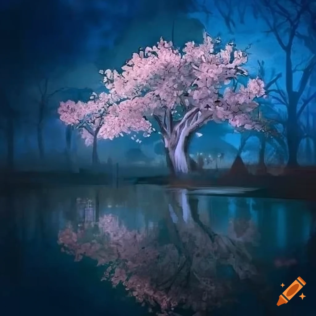 detailed drawing of cherry blossom in blue hour lighting