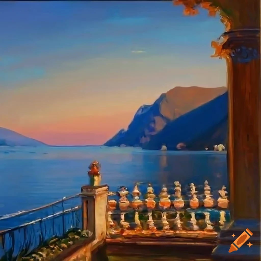 impressionist painting of a cozy patio overlooking Lake Como