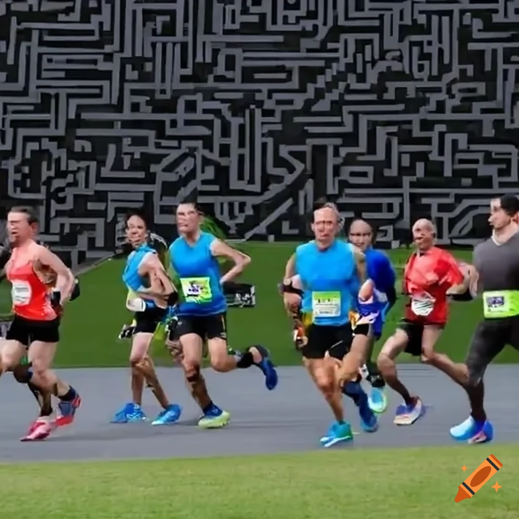 Marathon runners navigating through a maze on craiyon