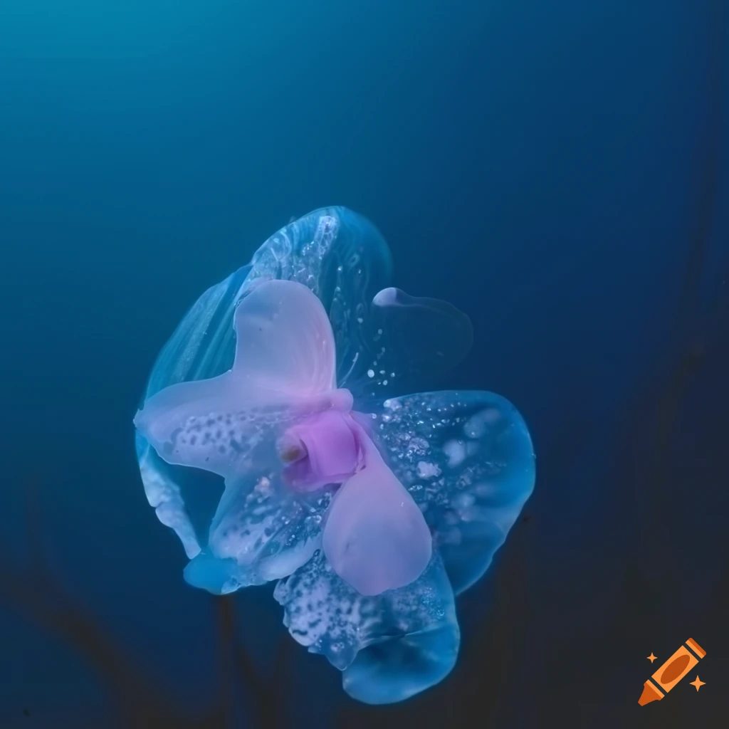 translucent orchid sea creature in a dark blue underwater setting