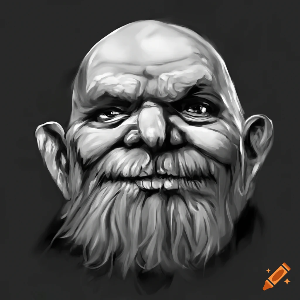 black and white headshot of a dwarf character