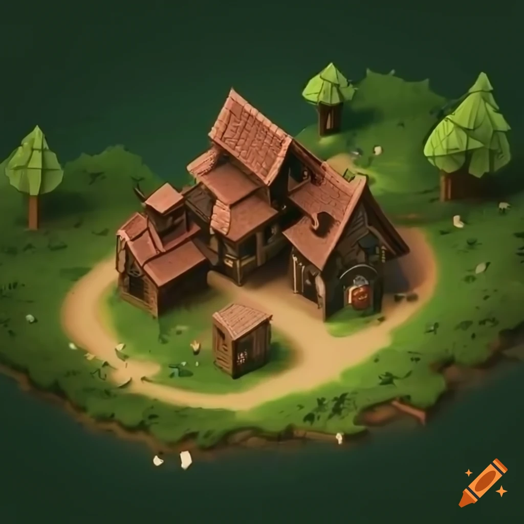 Tilt-shift style isometric view of a medieval fantasy village in a ...