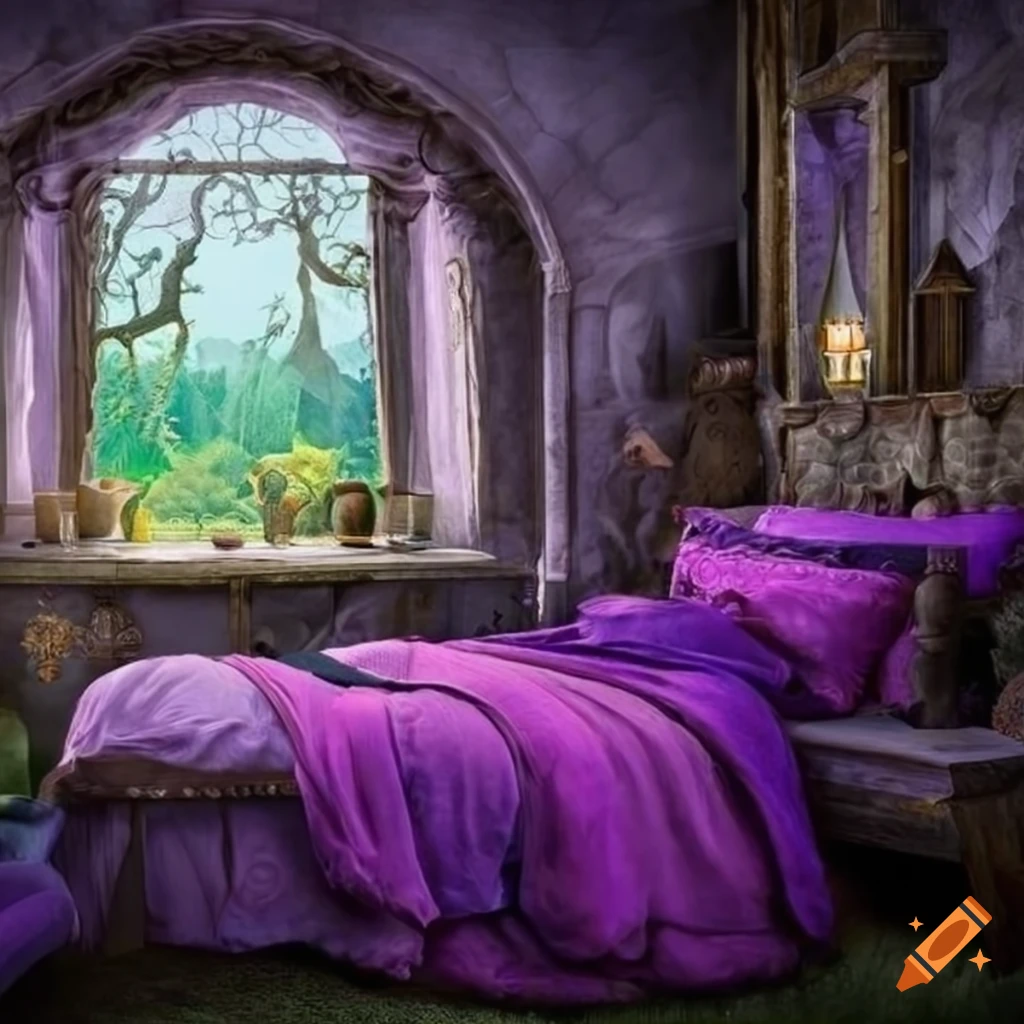 Purple faerie bedroom in a medieval castle on Craiyon
